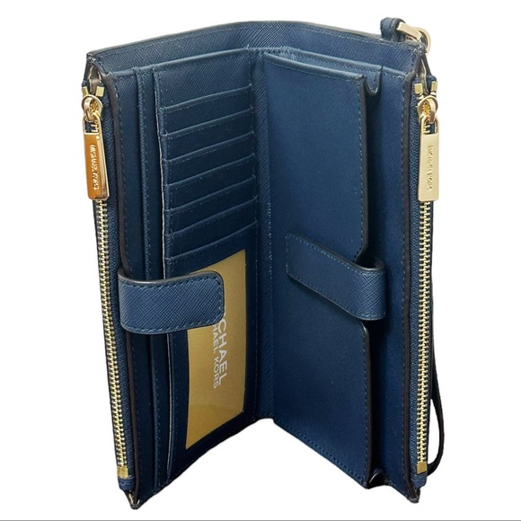 Michael Kors Jet Set Travel Large Double Zip Phone Wallet Wristlet Navy Leather - Picture 2 of 5
